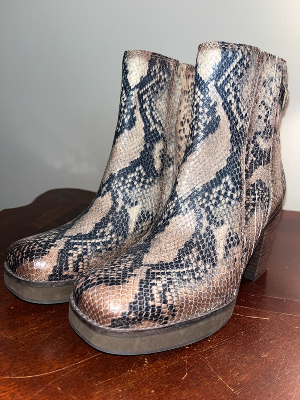 Zodiac Snake-Print Platform Ankle Boots in Brown and Black